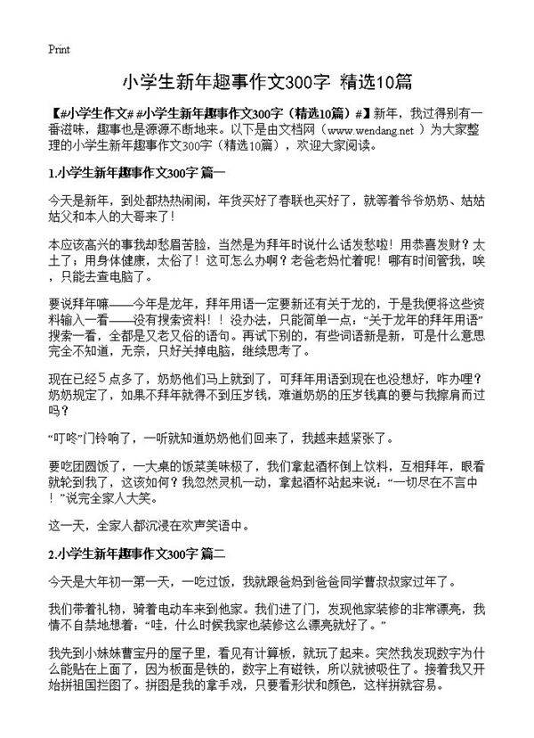 小学生新年趣事作文300字10篇