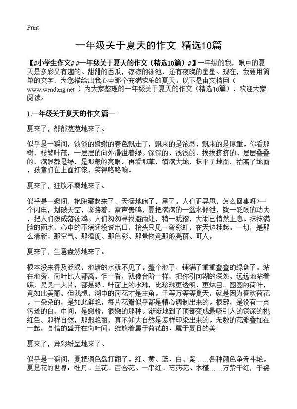一年级关于夏天的作文10篇