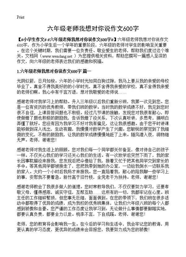 六年级老师我想对你说作文600字