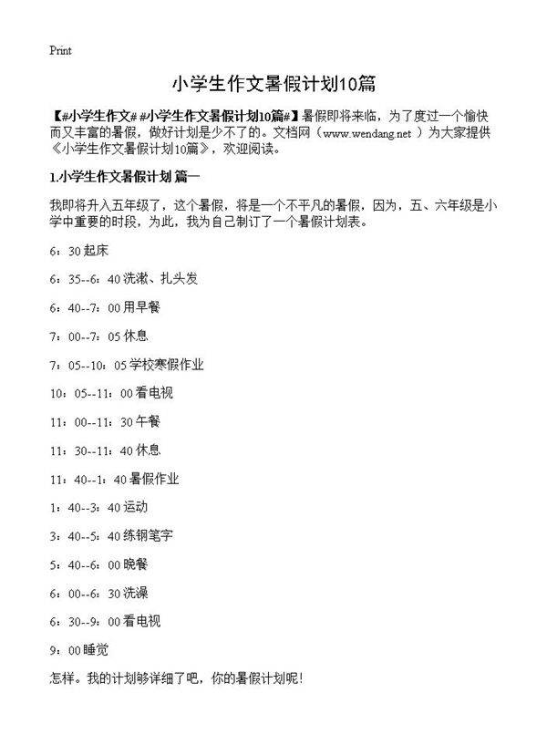 小学生作文暑假计划10篇