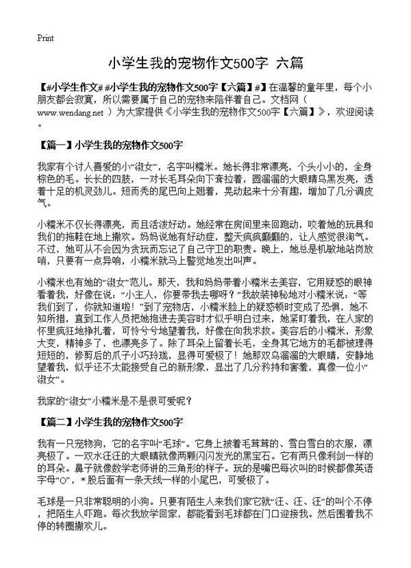 小学生我的宠物作文500字