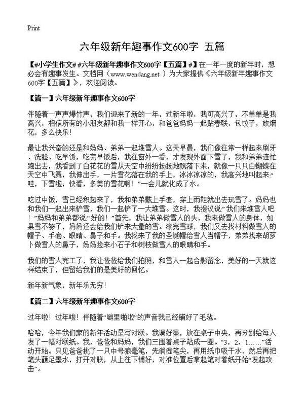 六年级新年趣事作文600字
