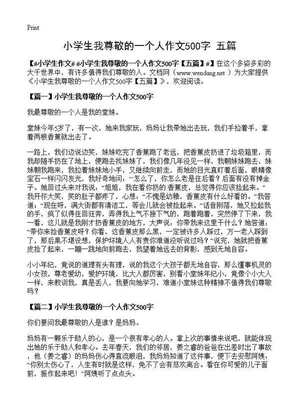 小学生我尊敬的一个人作文500字