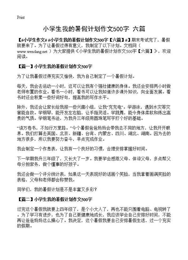 小学生我的暑假计划作文500字