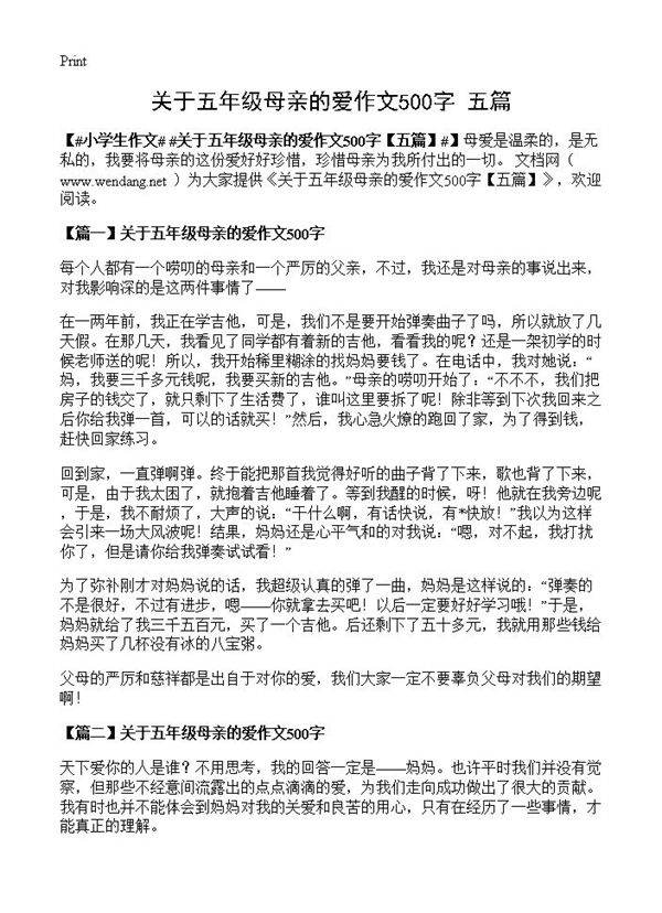 关于五年级母亲的爱作文500字