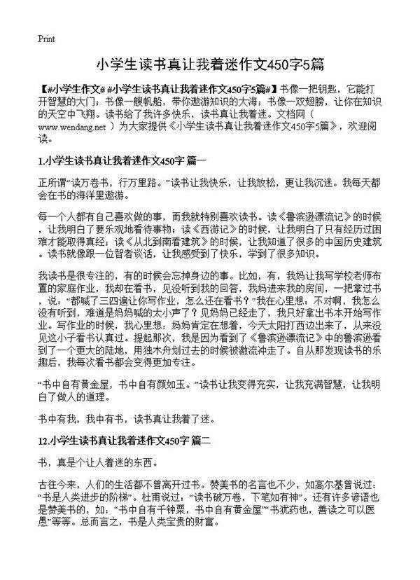 小学生读书真让我着迷作文450字5篇