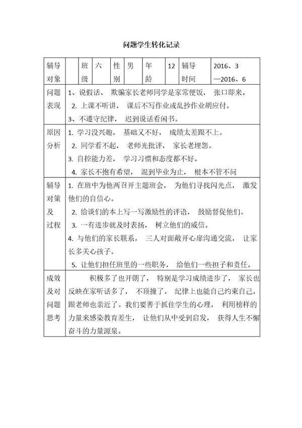 问题学生帮教记录表