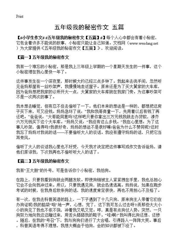五年级我的秘密作文