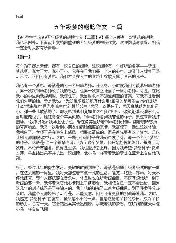 五年级梦的翅膀作文