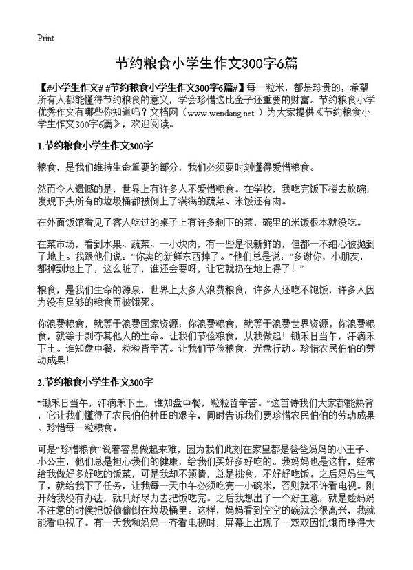 节约粮食小学生作文300字6篇