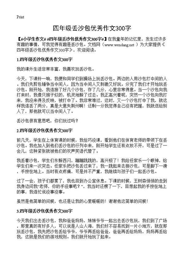 四年级丢沙包优秀作文300字