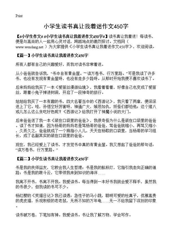 小学生读书真让我着迷作文450字