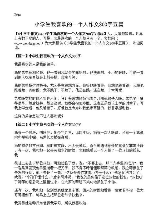 小学生我喜欢的一个人作文300字五篇