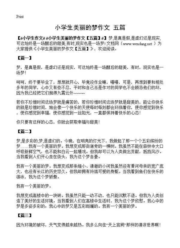 小学生美丽的梦作文
