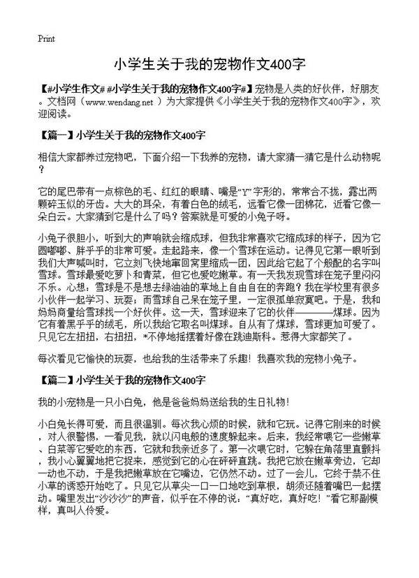 小学生关于我的宠物作文400字