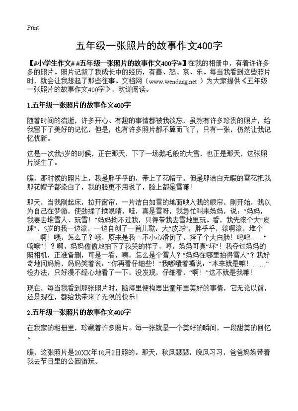五年级一张照片的故事作文400字