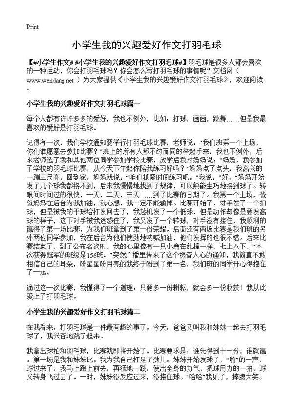 小学生我的兴趣爱好作文打羽毛球