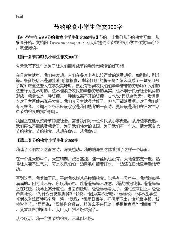节约粮食小学生作文300字