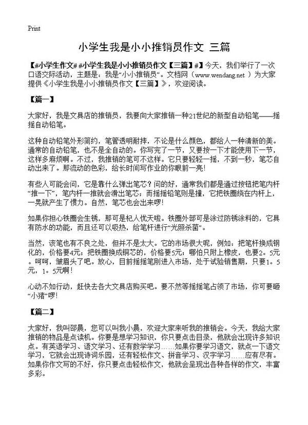 小学生我是小小推销员作文