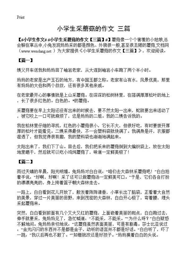 小学生采蘑菇的作文