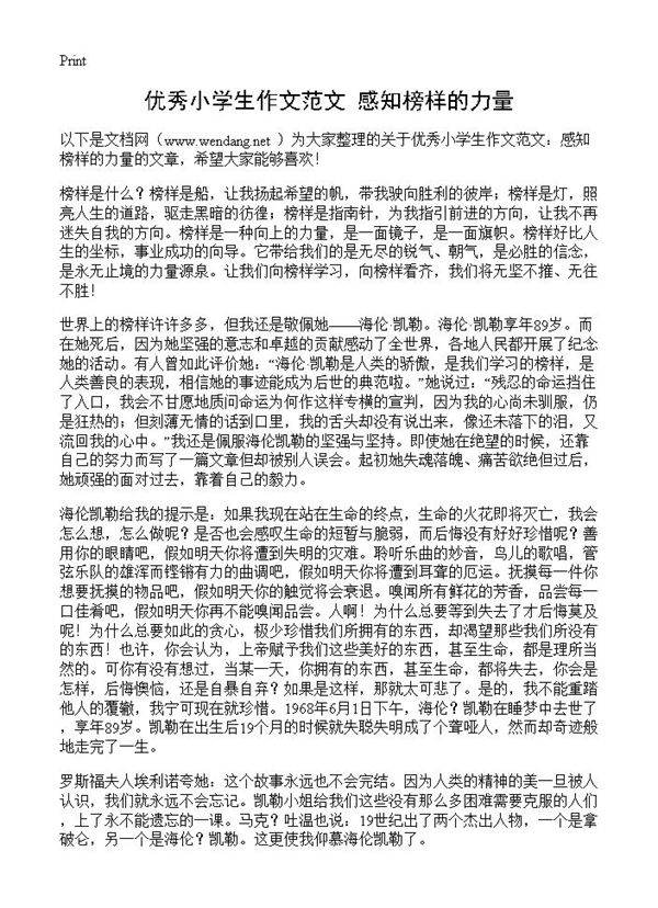优秀小学生作文范文 感知榜样的力量
