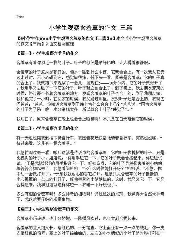 小学生观察含羞草的作文