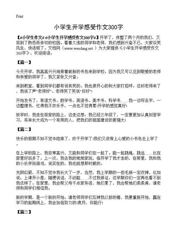 小学生开学感受作文300字