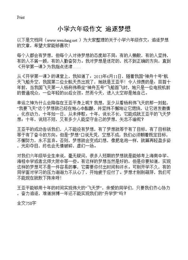 小学六年级作文 追逐梦想