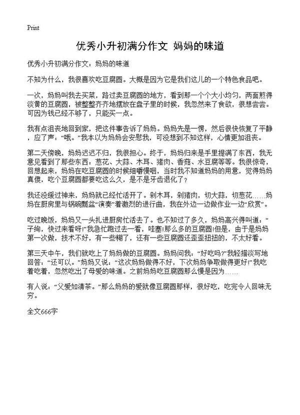 优秀小升初满分作文 妈妈的味道