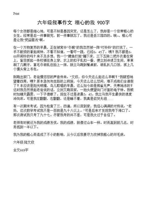 六年级叙事作文 粗心的我 900字