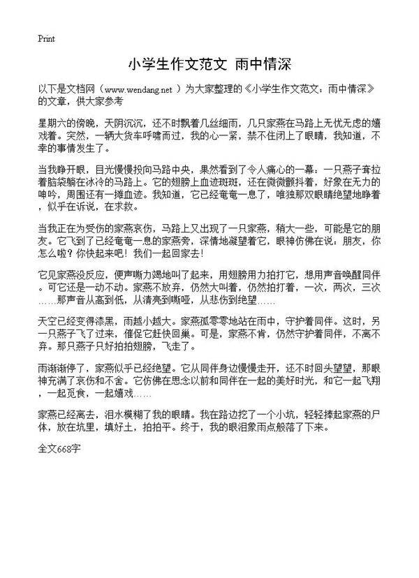 小学生作文范文 雨中情深