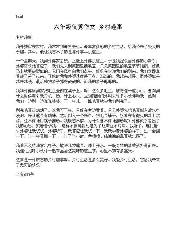 六年级优秀作文 乡村趣事