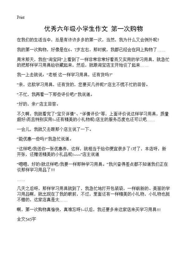 优秀六年级小学生作文 第一次购物