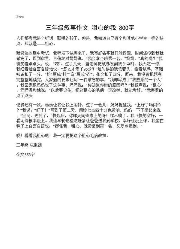 三年级叙事作文 粗心的我 800字