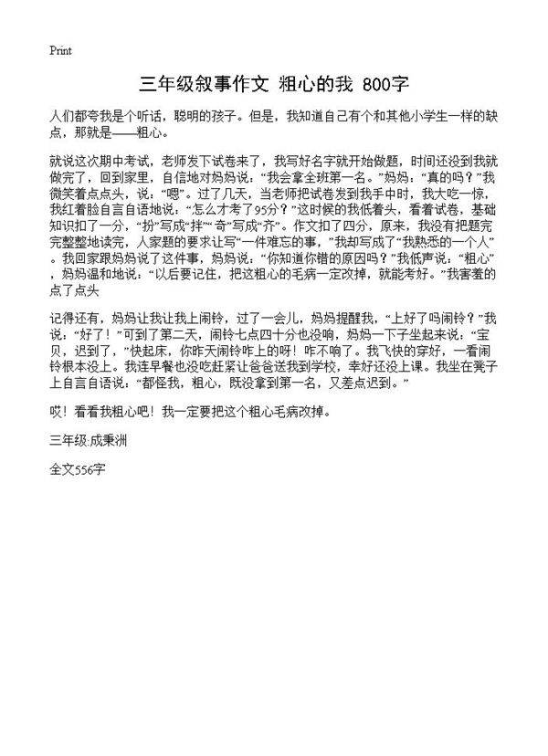 三年级叙事作文 粗心的我 800字