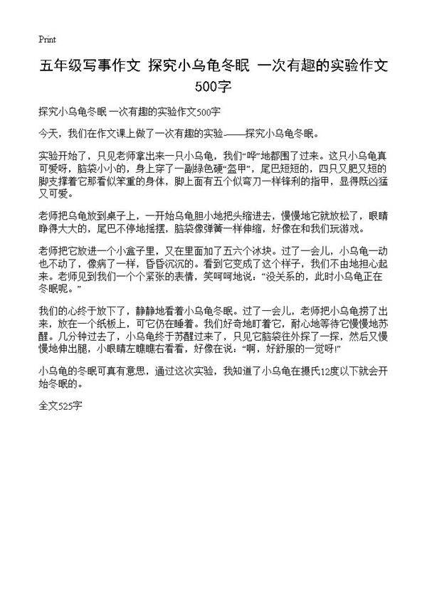 五年级写事作文 探究小乌龟冬眠 一次有趣的实验作文500字