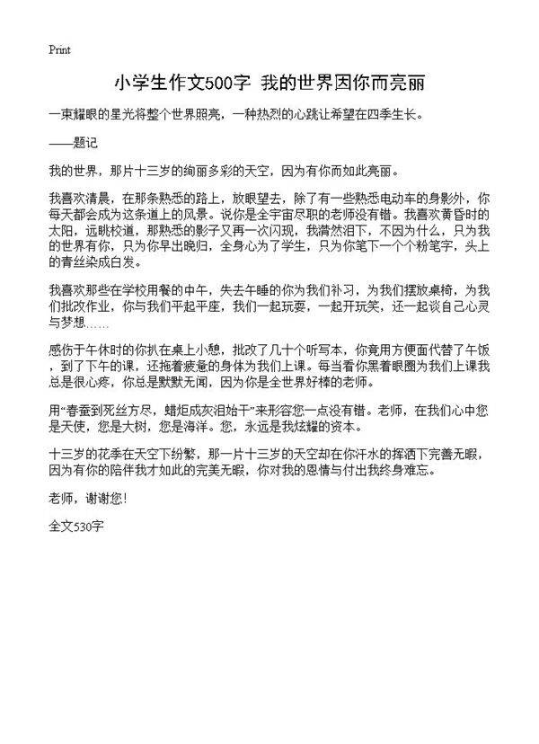 小学生作文500字 我的世界因你而亮丽