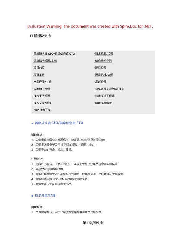 (IT管理及支持)职位说明书