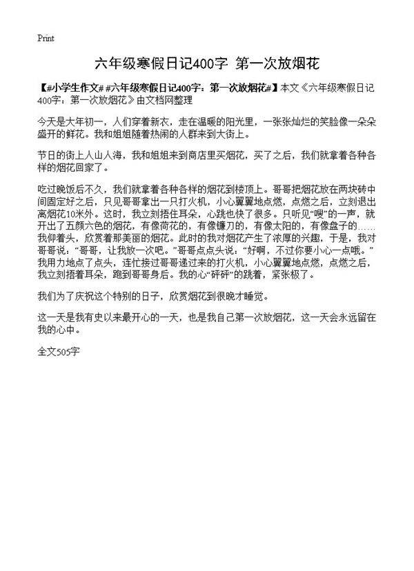 六年级寒假日记400字 第一次放烟花