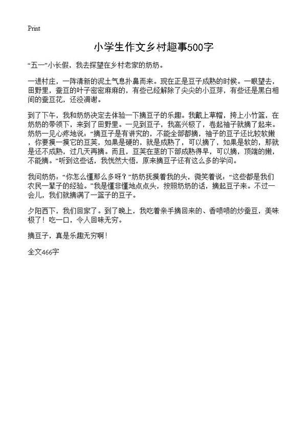 小学生作文乡村趣事500字