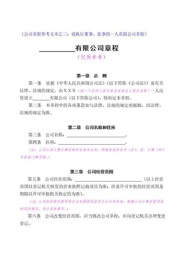 自然人独资公司章程范本