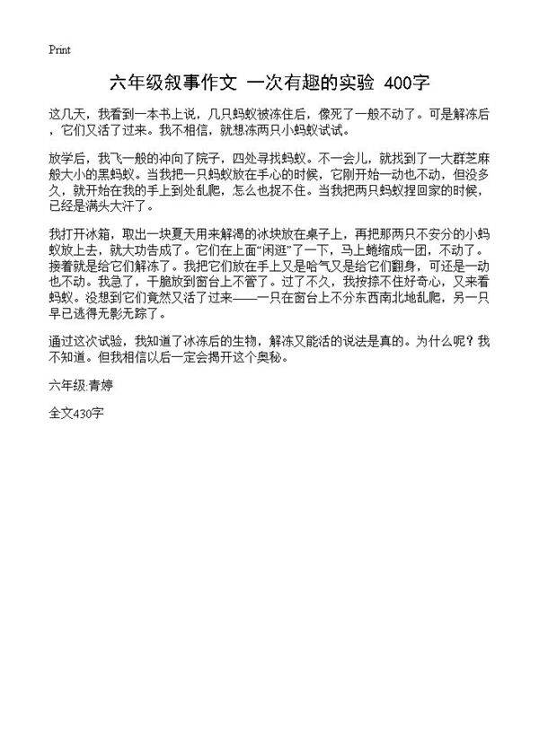 六年级叙事作文 一次有趣的实验 400字