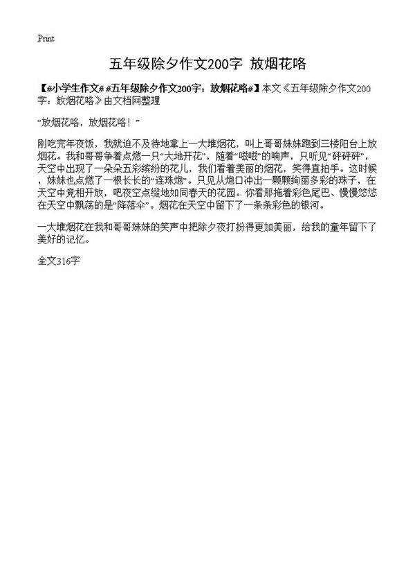 五年级除夕作文200字 放烟花咯