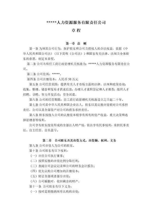 人力资源服务公司章程(参考用)