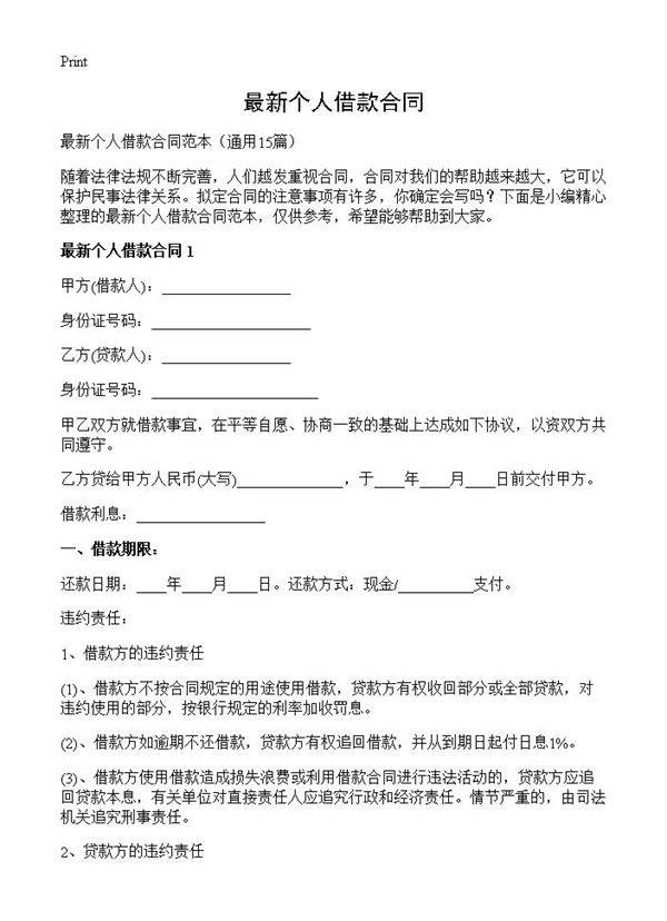 最新个人借款合同15篇