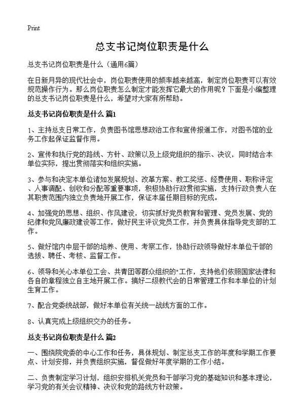总支书记岗位职责是什么6篇