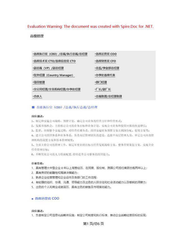 (高级管理)职位说明书