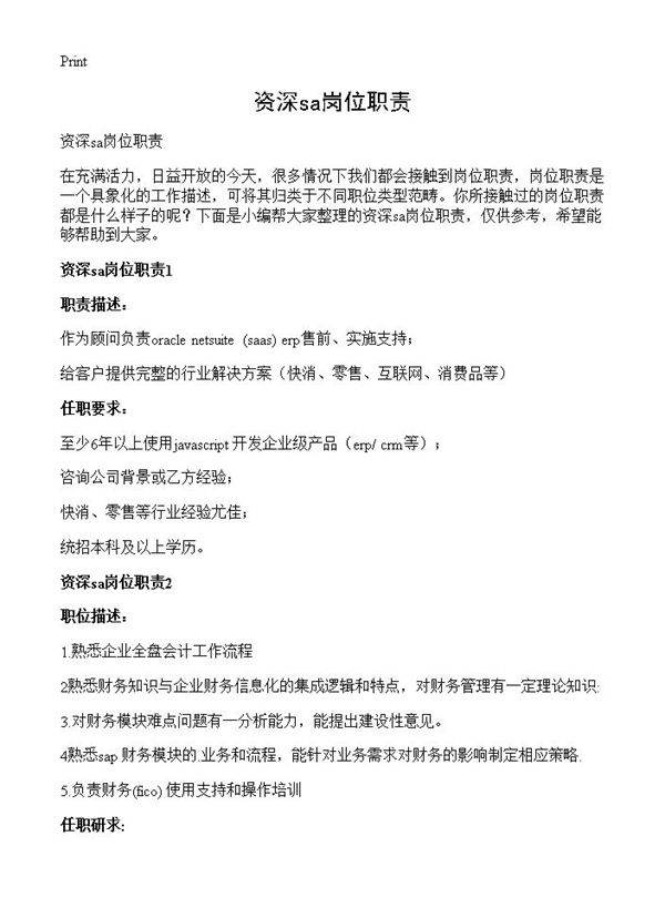 资深sa岗位职责