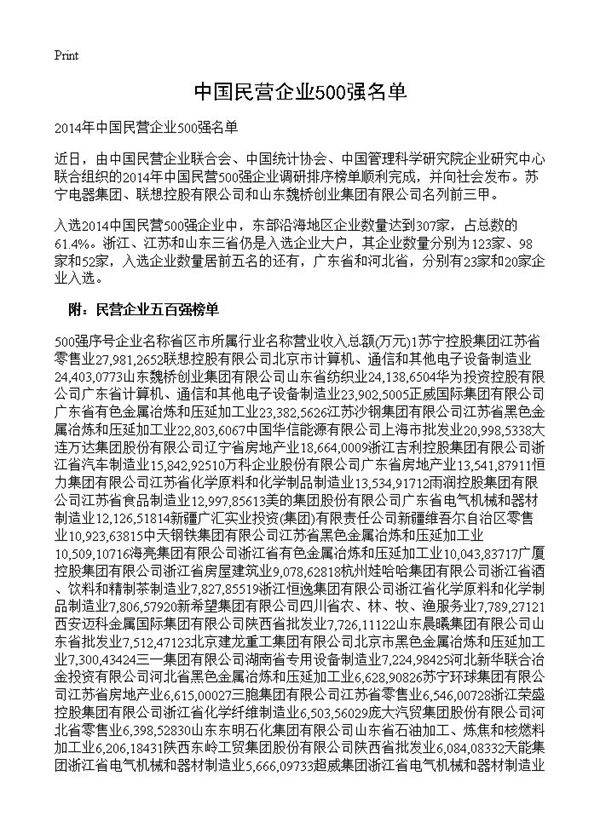 中国民营企业500强名单