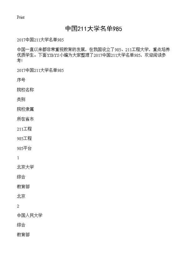 中国211大学名单985